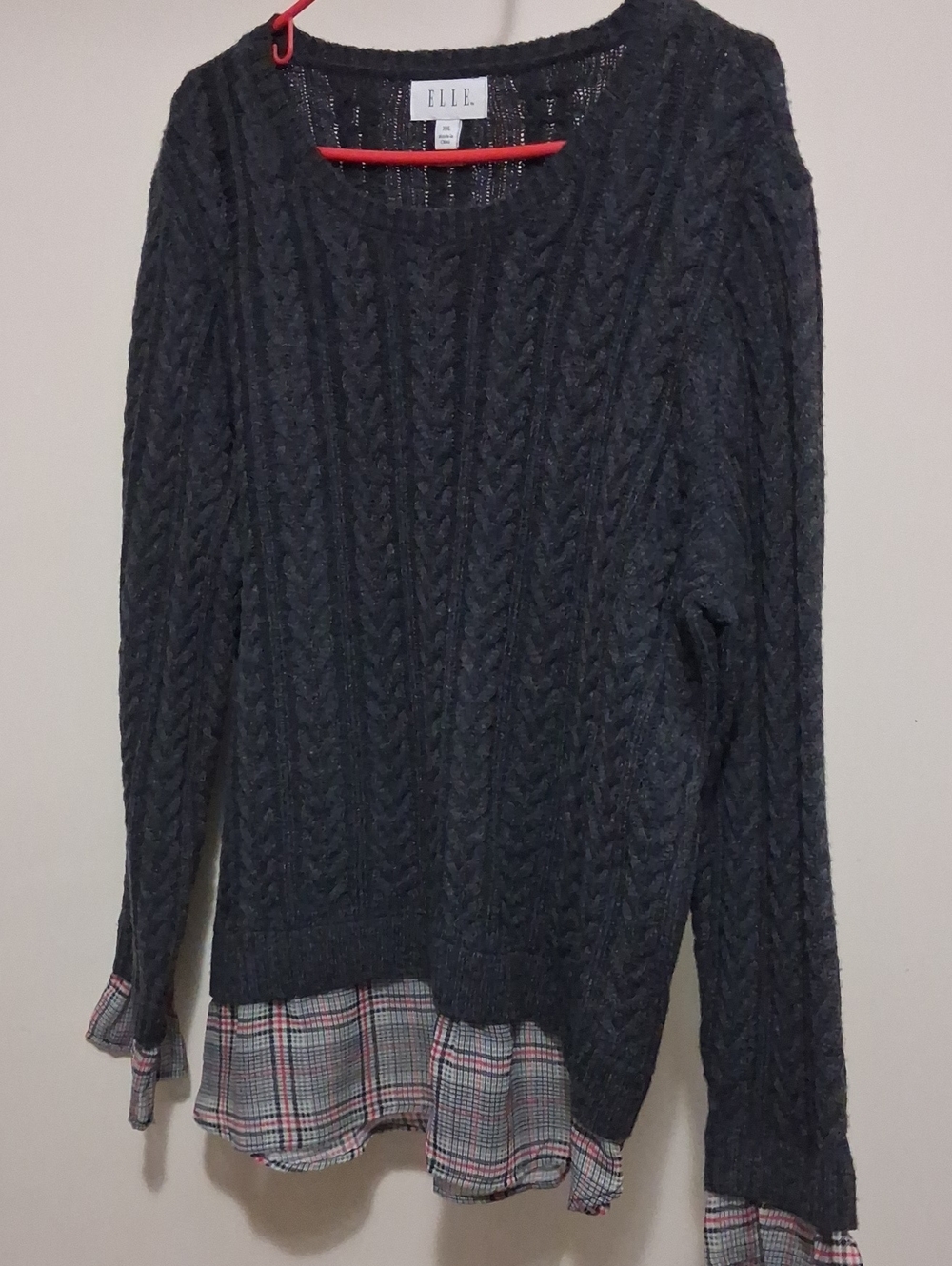 ELLE Dark Gray Cable-Knit Sweater with Plaid Trim